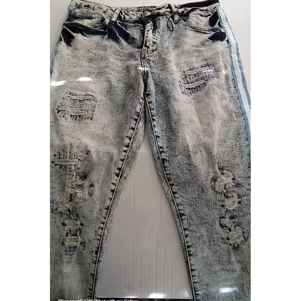 Ripped Distressed Jeans Slim Fit Denim Blue Acid Wash Striped Mens Size